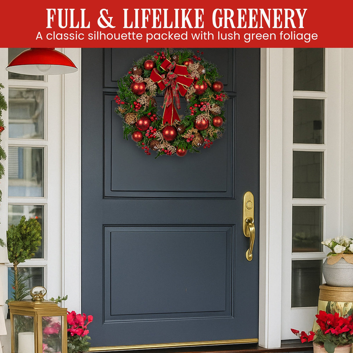 Christabelle 56cm Christmas Wreath Lush Green Door Decor, Red Berries Pine Cones