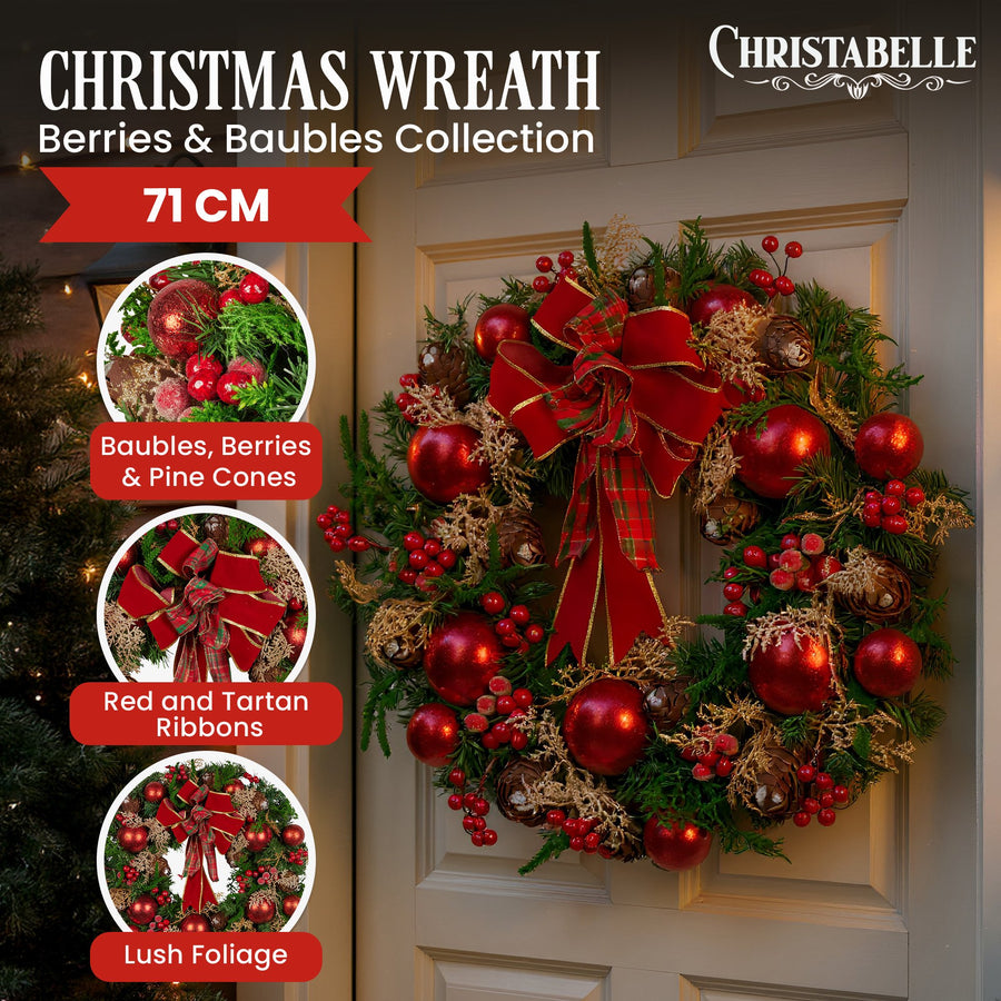 Christabelle 71cm Christmas Wreath Festive Door Decor Red Berries & Pine Cones