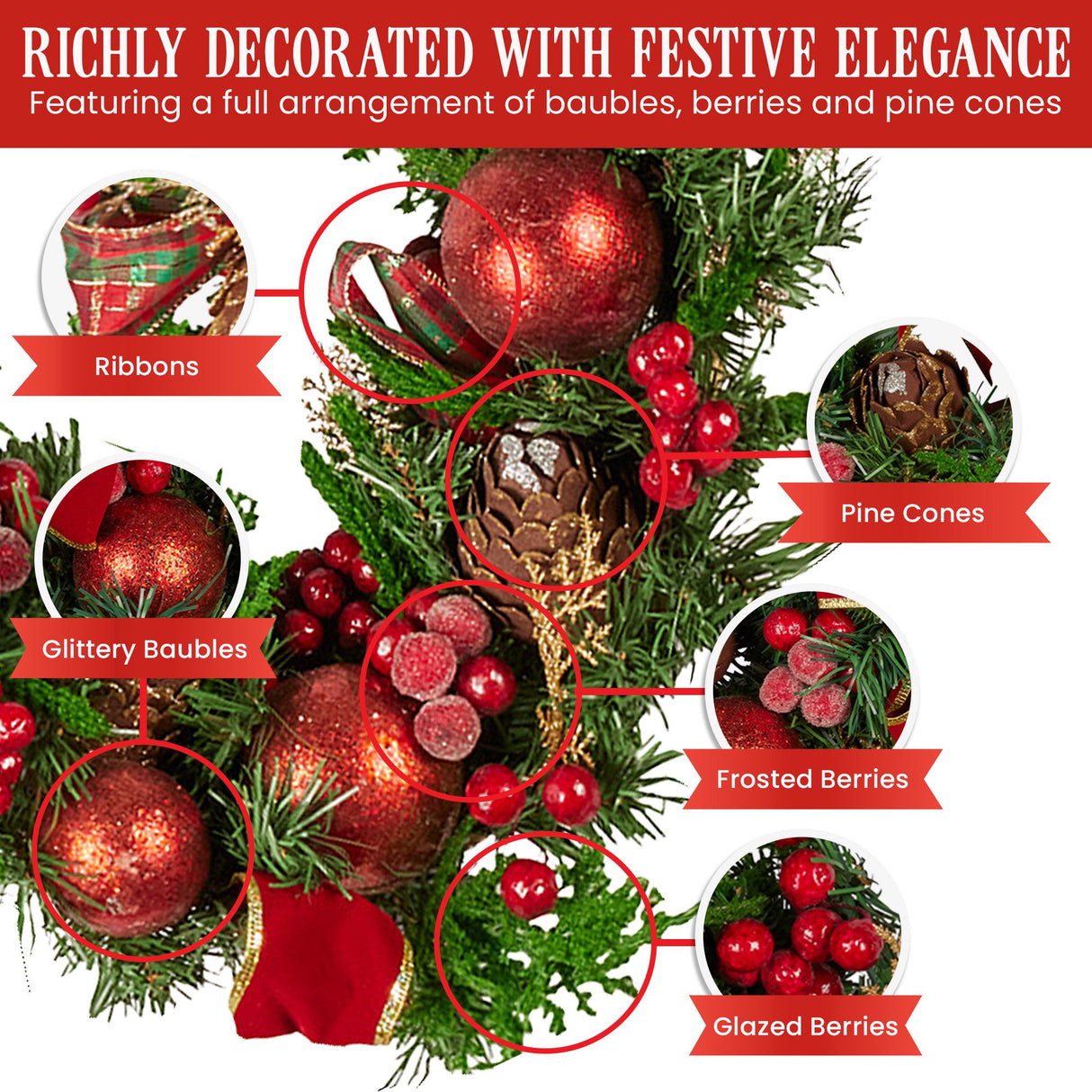 Christabelle 185cm Christmas Garland Lush Green Decor Red Berries & Pine Cones