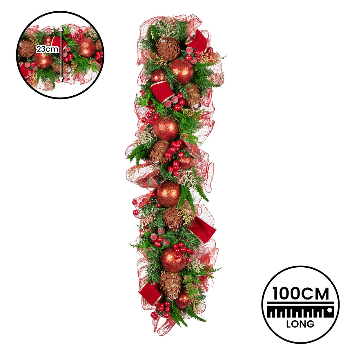 Christabelle 100cm Christmas Garland Lush Green Decor with Red Berries & Cones