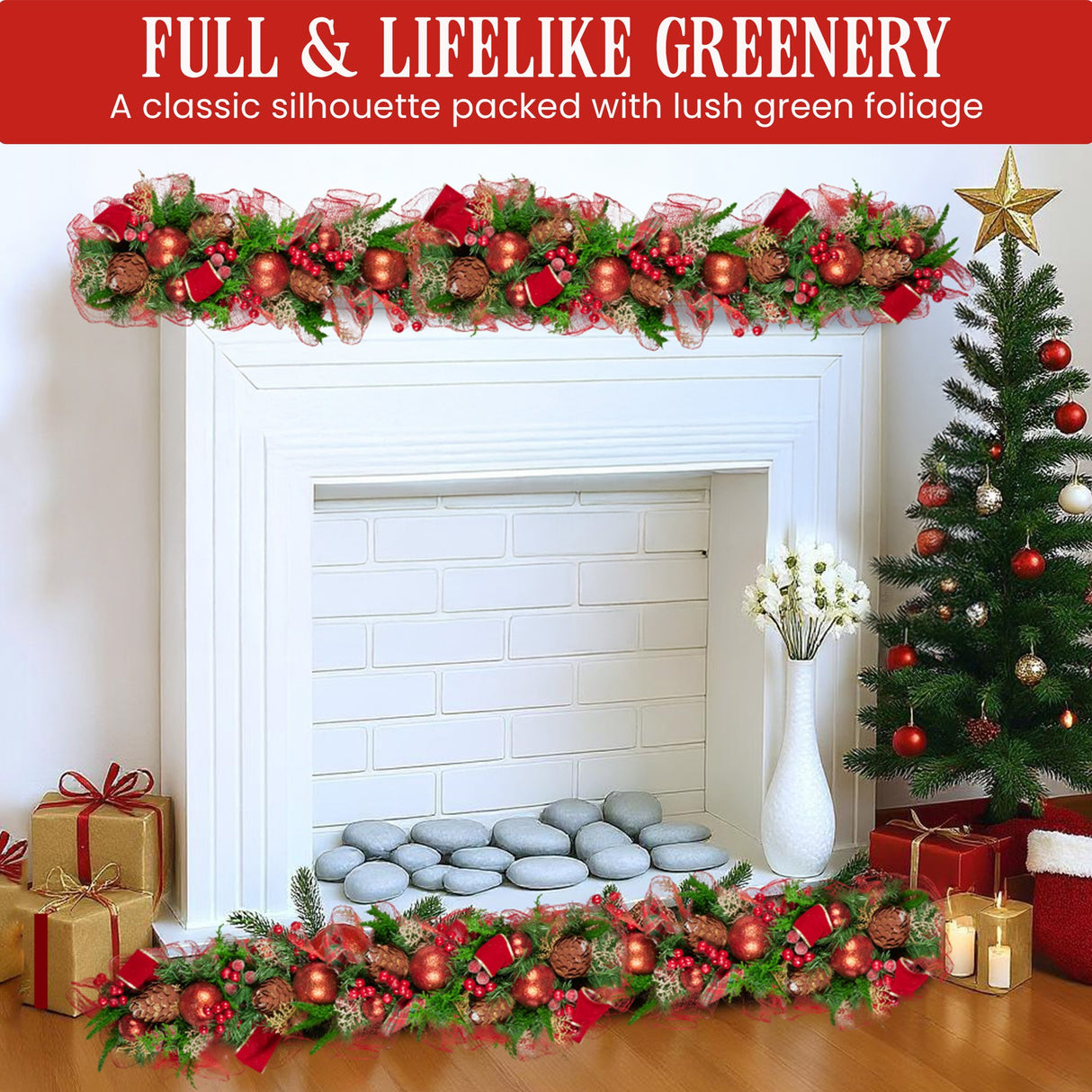 Christabelle 100cm Christmas Garland Lush Green Decor with Red Berries & Cones