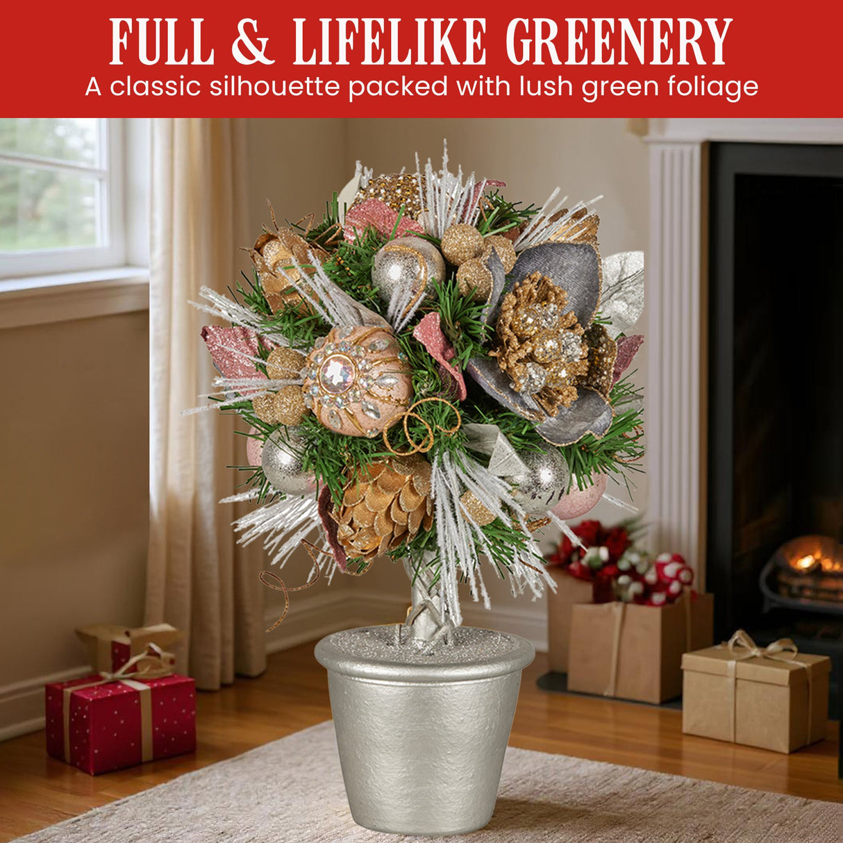 Christabelle 36cm Christmas Tabletop Topiary with Jewelled Baubles and Pine Cone