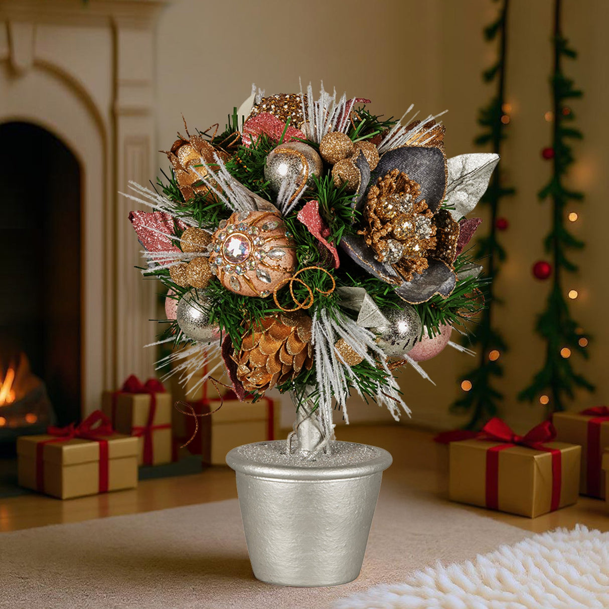 Christabelle 36cm Christmas Tabletop Topiary with Jewelled Baubles and Pine Cone