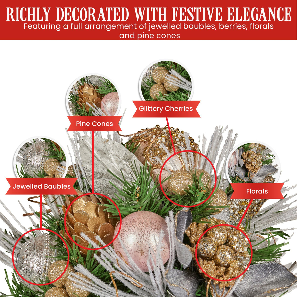 Christabelle 33cm Christmas Bouquet Pre Decorated Holiday Floral Arrangement w/Jewelled Baubles