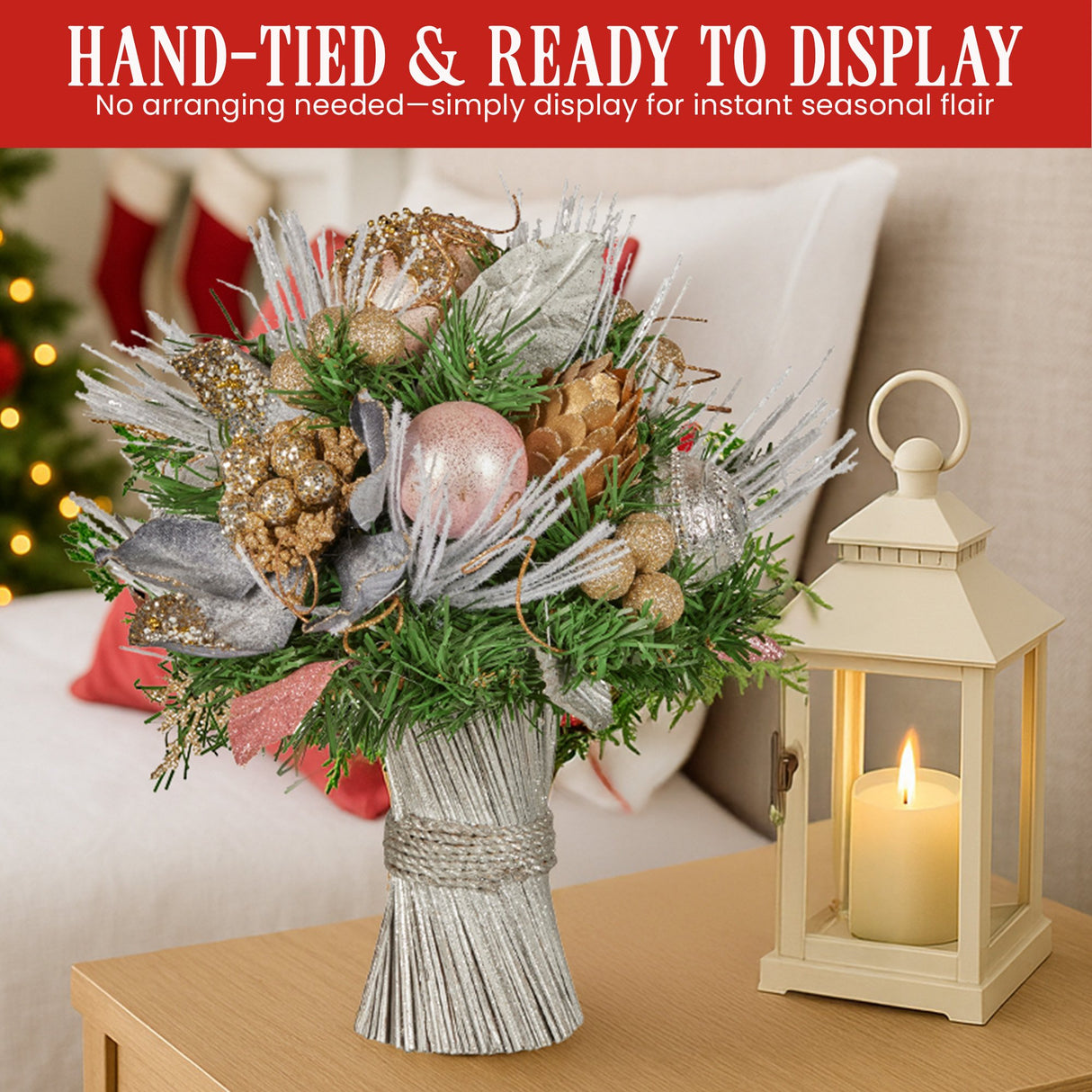 Christabelle 33cm Christmas Bouquet Pre Decorated Holiday Floral Arrangement w/Jewelled Baubles