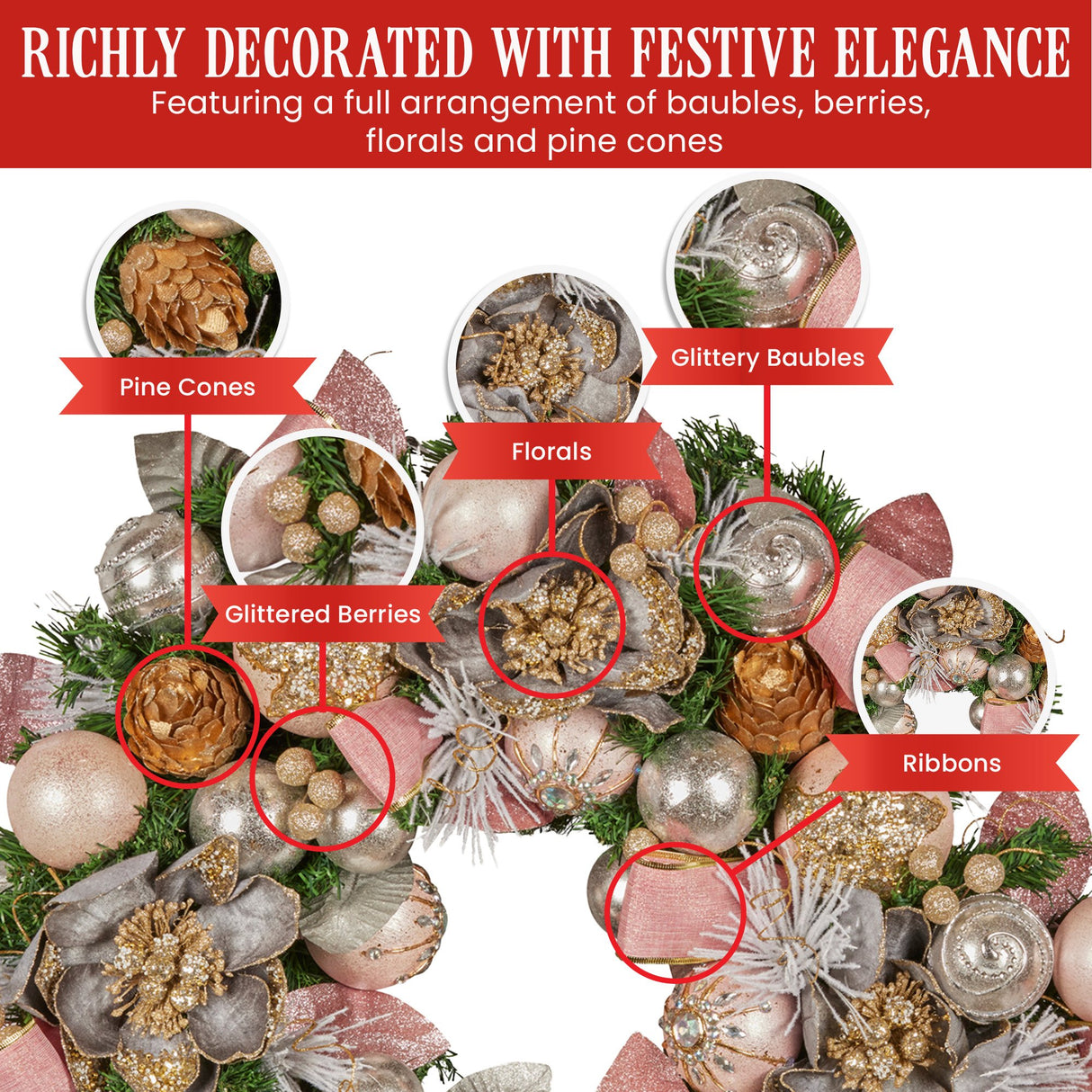 Christabelle 71cm Christmas Wreath Lush Green Holiday Door Wreath w/Jewelled Baubles, Foliage,