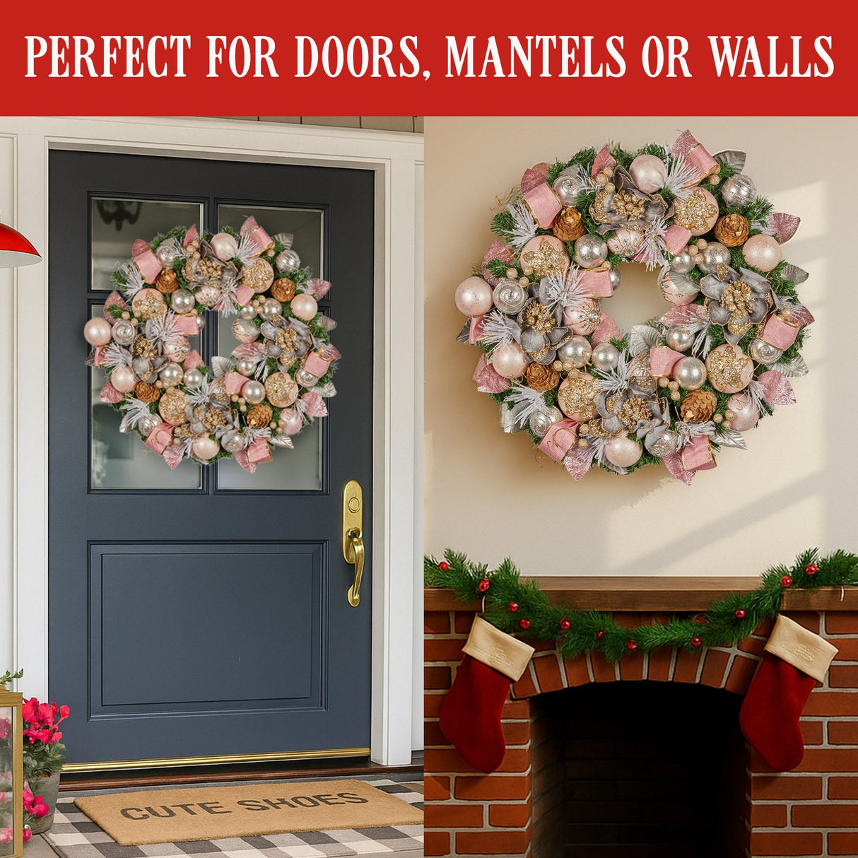 Christabelle 71cm Christmas Wreath Lush Green Holiday Door Wreath w/Jewelled Baubles, Foliage,