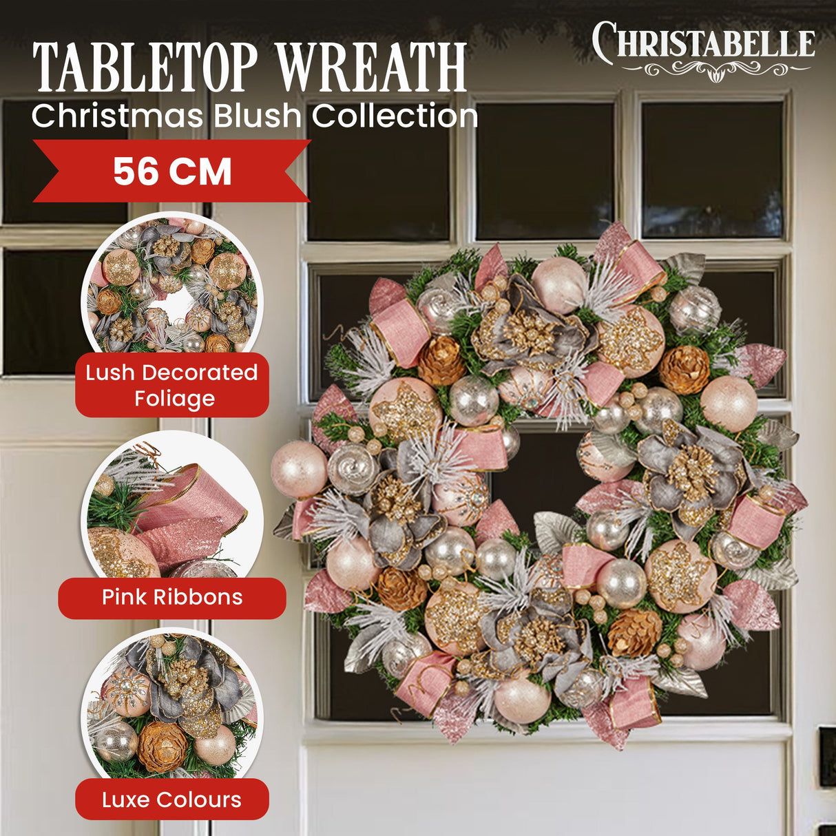 Christabelle 56cm Christmas Wreath Lush Green Holiday Door Wreath w/Jewelled Baubles, Foliage,