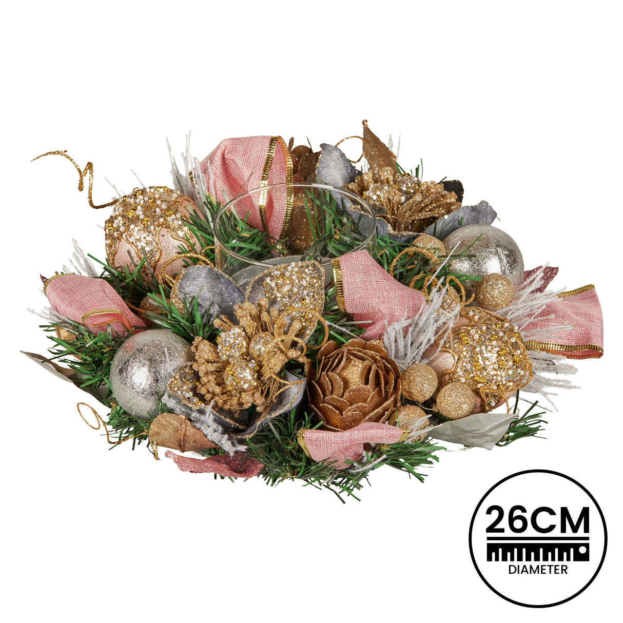Christabelle 26cm Christmas Centrepiece Lush Green Holiday w/Jewelled Baubles, Foliage, Flowers