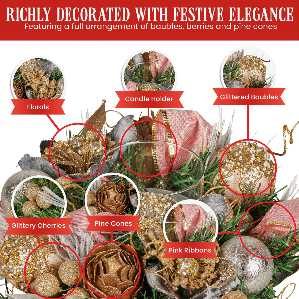 Christabelle 26cm Christmas Centrepiece Lush Green Holiday w/Jewelled Baubles, Foliage, Flowers