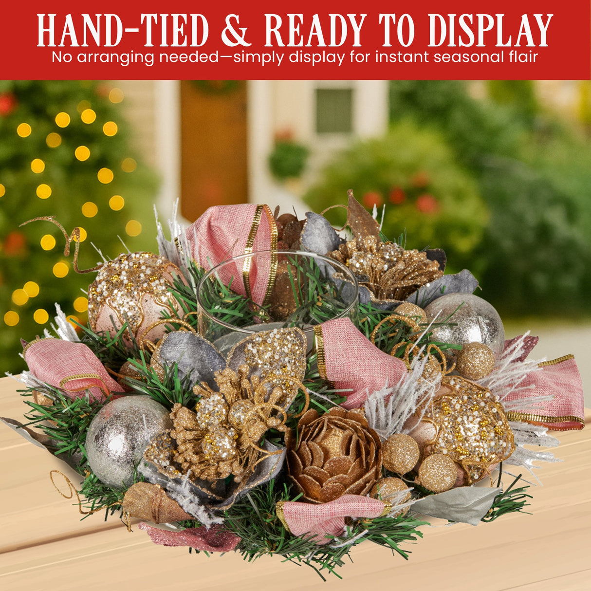 Christabelle 26cm Christmas Centrepiece Lush Green Holiday w/Jewelled Baubles, Foliage, Flowers