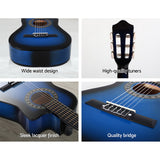 Alpha 34 Inch Classical Guitar Wooden Body Nylon String w/ Stand Beignner Blue - Close-Up Angle