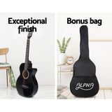 Alpha 38 Inch Acoustic Guitar Wooden Body Steel String Full Size Cutaway Black - 45-Degree Angle