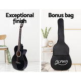 Alpha 38 Inch Acoustic Guitar Wooden Body Steel String Full Size w/ Stand Black - Top-Down View