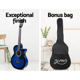 Alpha 38 Inch Acoustic Guitar Wooden Body Steel String Full Size w/ Stand Blue - Top-Down View