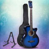 Alpha 38 Inch Acoustic Guitar Wooden Body Steel String Full Size w/ Stand Blue - Low Angle