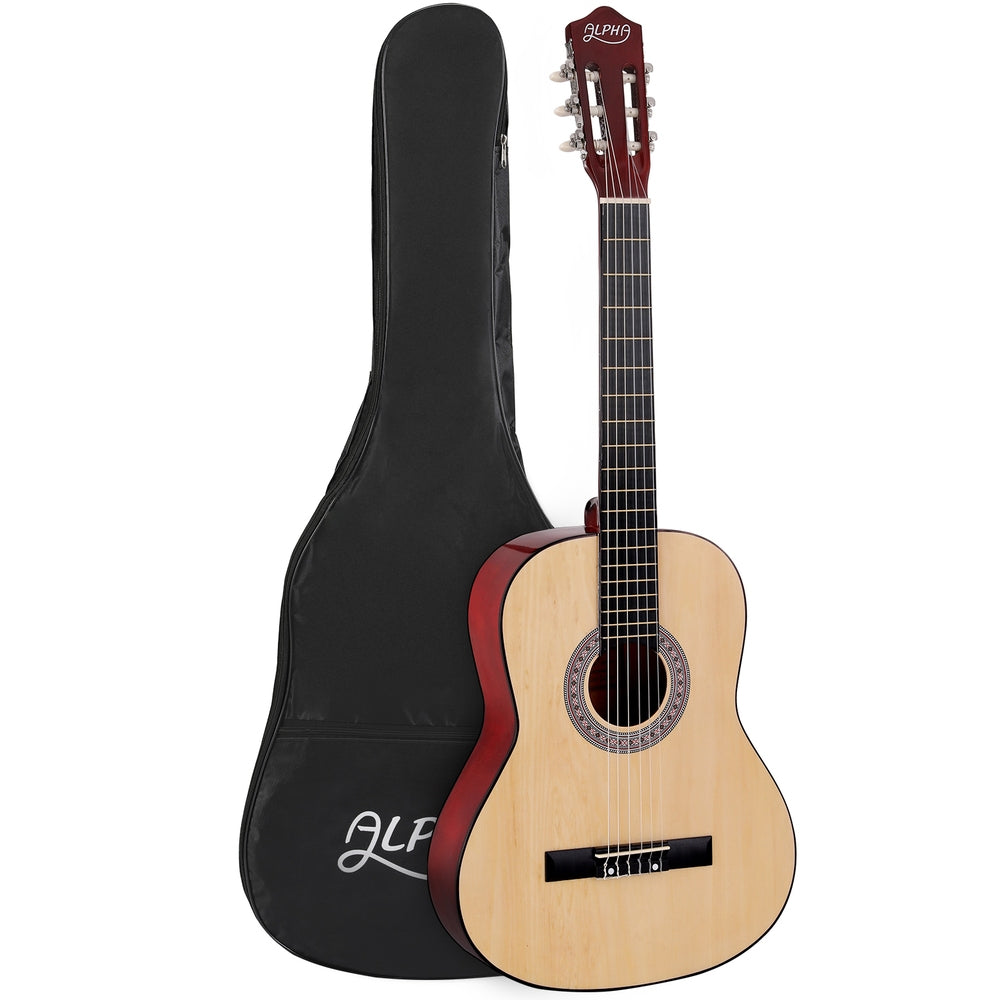Alpha 39-Inch Classical Guitar for Beginners - Natural Wood Finish with Carry Bag and Extra Strings
