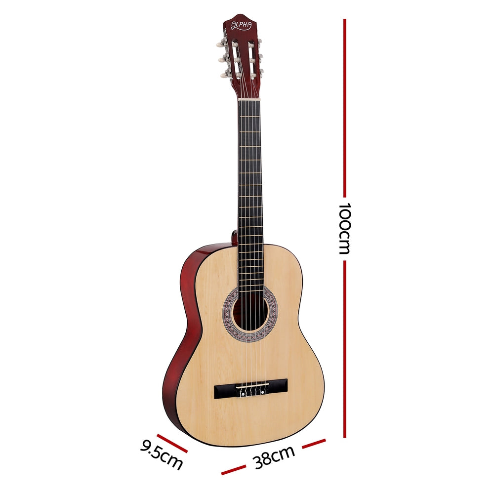 Alpha 39-Inch Classical Guitar for Beginners - Natural Wood Finish with Carry Bag and Extra Strings