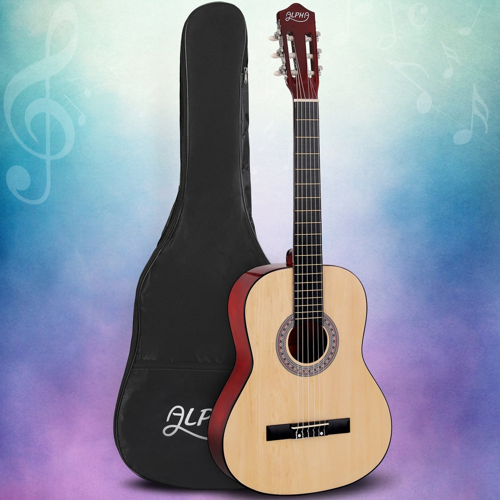 Alpha 39-Inch Classical Guitar for Beginners - Natural Wood Finish with Carry Bag and Extra Strings