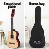 Alpha 39-Inch Classical Guitar for Beginners - Natural Wood Finish with Carry Bag and Extra Strings
