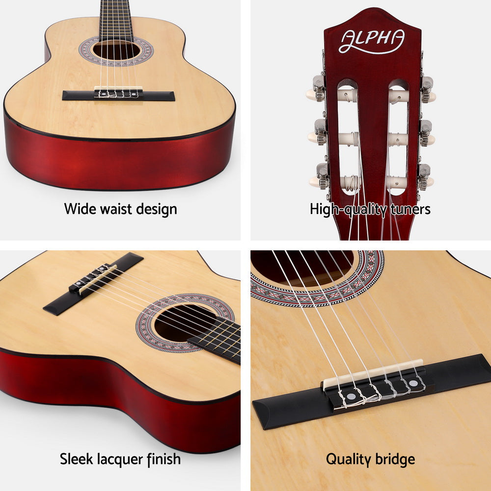 Alpha 39-Inch Classical Guitar for Beginners - Natural Wood Finish with Carry Bag and Extra Strings