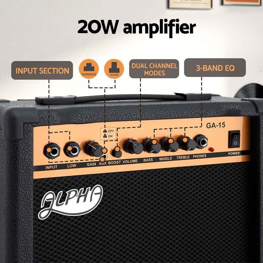 Alpha 20W Guitar Amplifier Portable Practice Amp Overdrive 3-Band EQ Black