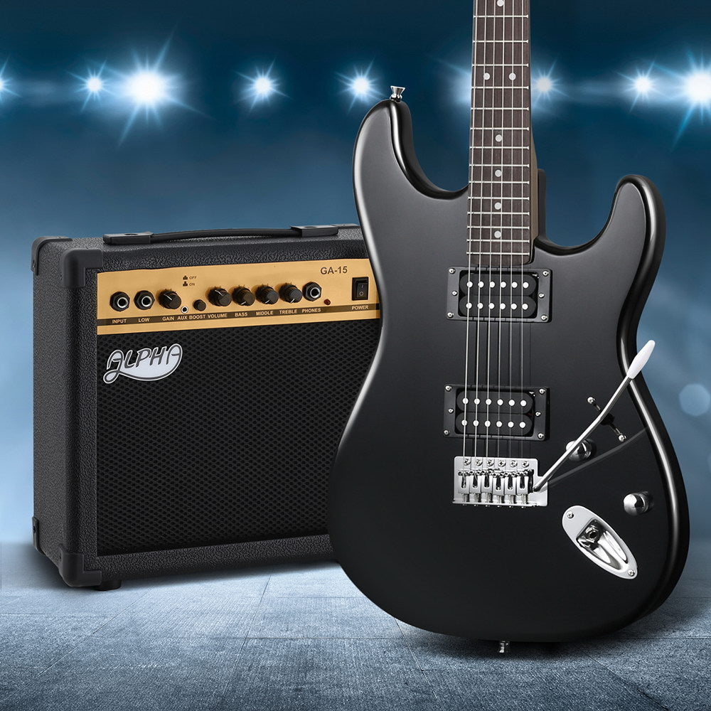 Alpha Strat-Style Electric Guitar with 20W Amplifier and Accessories - Black