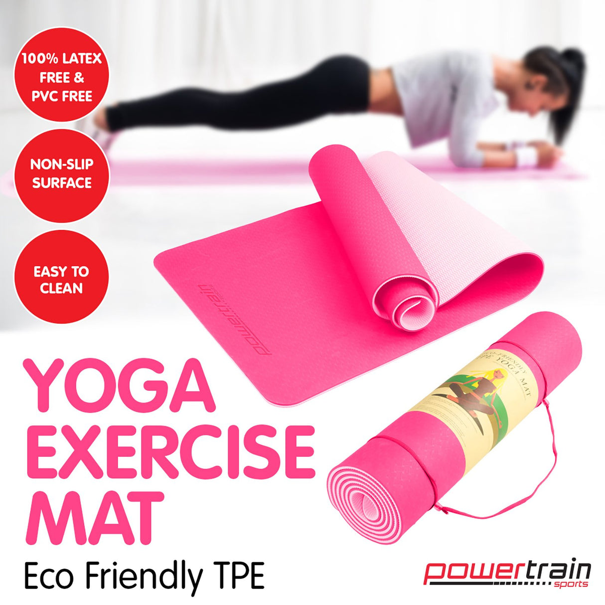Powertrain TPE Pilates Exercise Yoga Mat 8mm - Pink