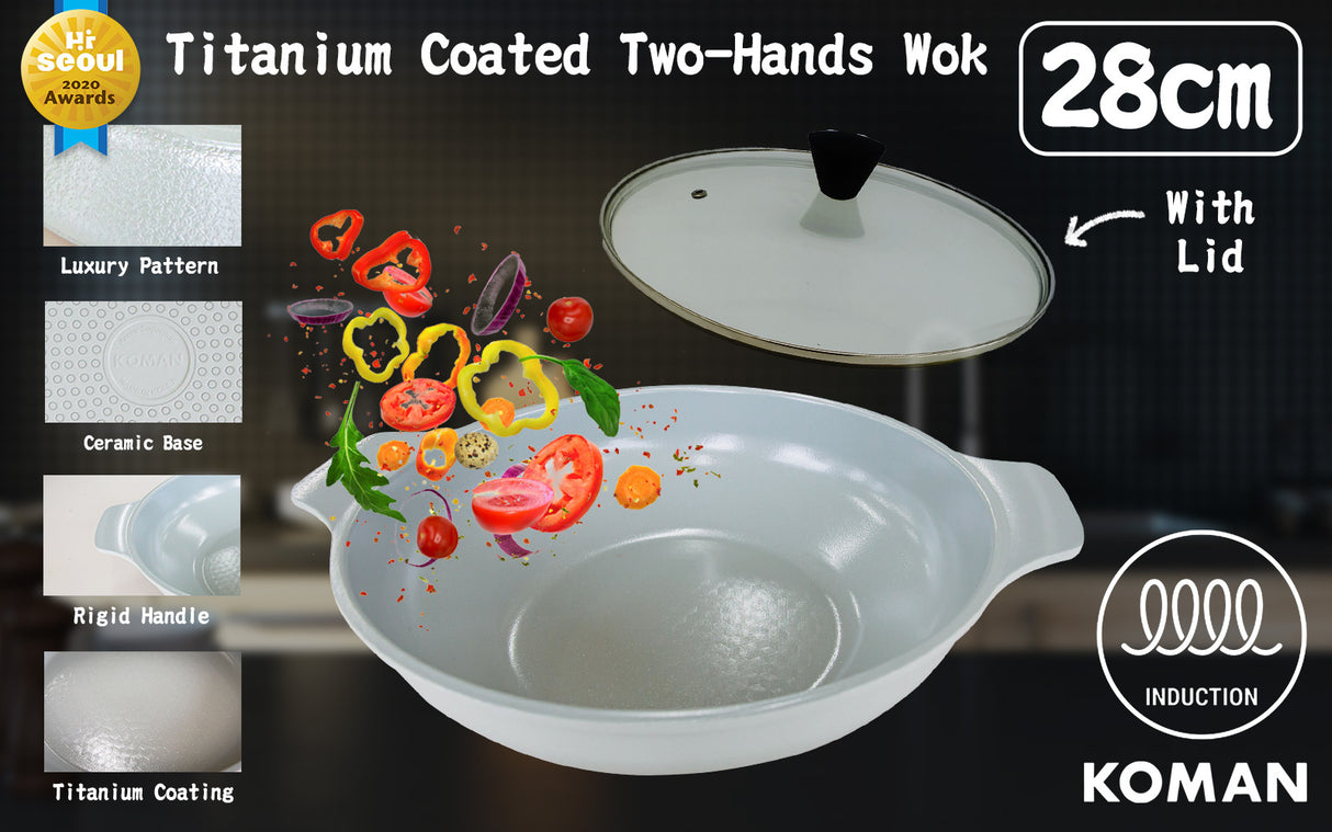 KOMAN 28cm Two Hands IH Wok + Glass Lid - GREY