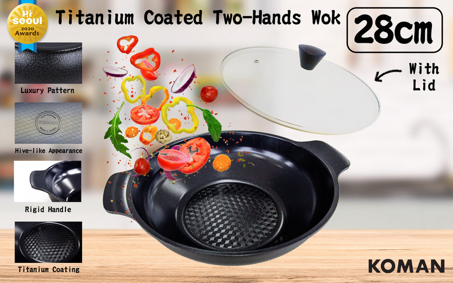 KOMAN 28cm Two Hands Wok + Glass Lid - BLACK