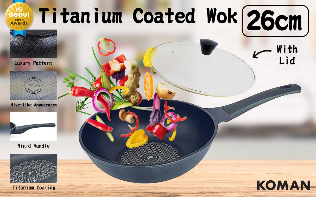 KOMAN 26cm Wok Pan + Glass Lid