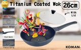 KOMAN 26cm Wok Pan + Glass Lid - Front View