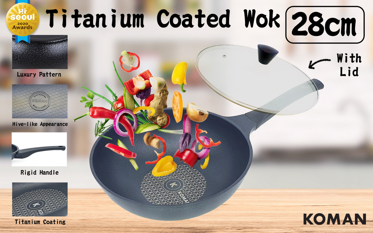 KOMAN 28cm Wok Pan + Glass Lid