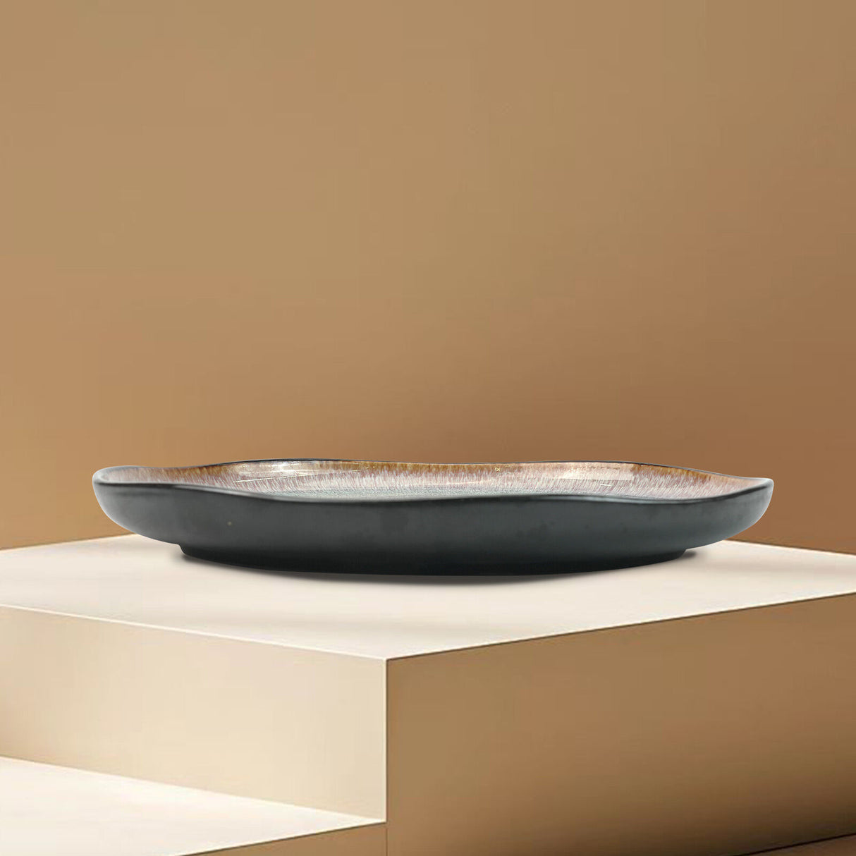 3 Pieces Reactive Glazed Ceramic Organic Fine Dinner Set with Plate and Bowl - Blue Brown