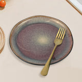 3 Pieces Reactive Glazed Ceramic Organic Fine Dinner Set with Plate and Bowl - Blue Brown - Top-Down View
