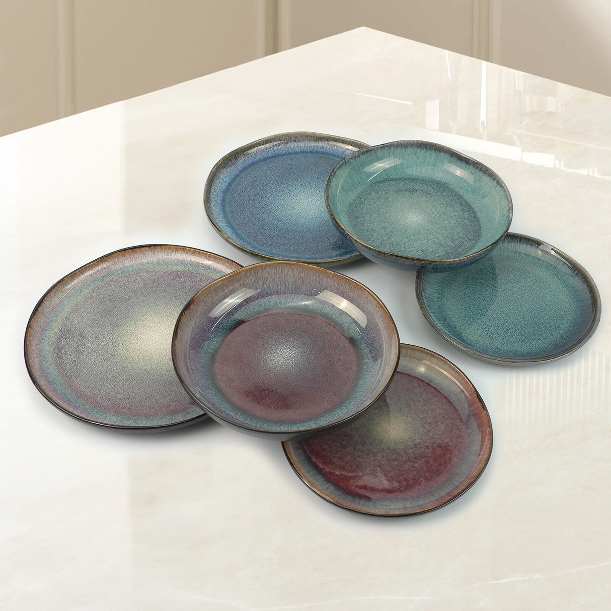 3 Pieces Reactive Glazed Ceramic Organic Fine Dinner Set with Plate and Bowl - Blue Brown