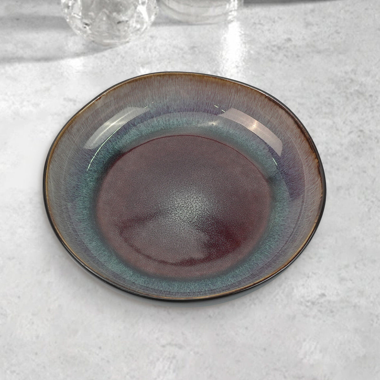 3 Pieces Reactive Glazed Ceramic Organic Fine Dinner Set with Plate and Bowl - Blue Brown