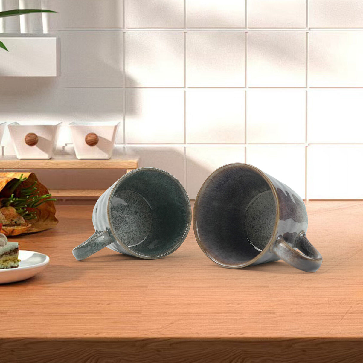 2X Reactive Glazed Ceramic Organic Coffee Mug 350ml - Earthy Grey Blue