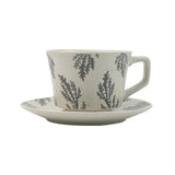 High-Fired Ceramic Stoneware Speckle Cup & Saucer Set 380ml Floral - EARTHY GREY