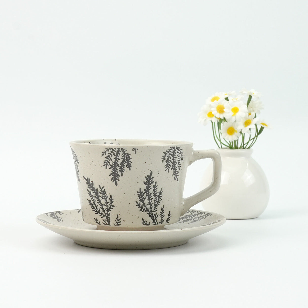 High-Fired Ceramic Stoneware Speckle Cup & Saucer Set 380ml Floral - EARTHY GREY