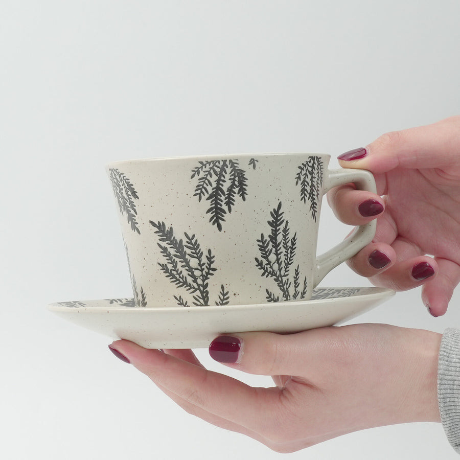 High-Fired Ceramic Stoneware Speckle Cup & Saucer Set 380ml Floral - EARTHY GREY
