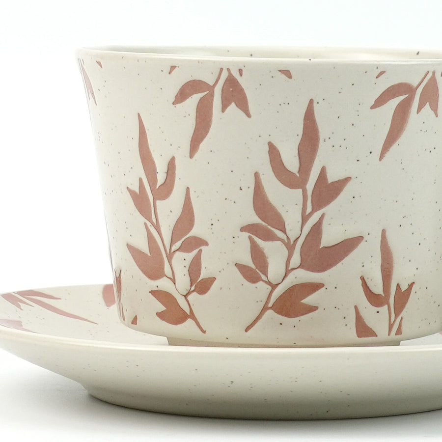 High-Fired Ceramic Stoneware Speckle Cup & Saucer Set 380ml Floral - EARTHY RED