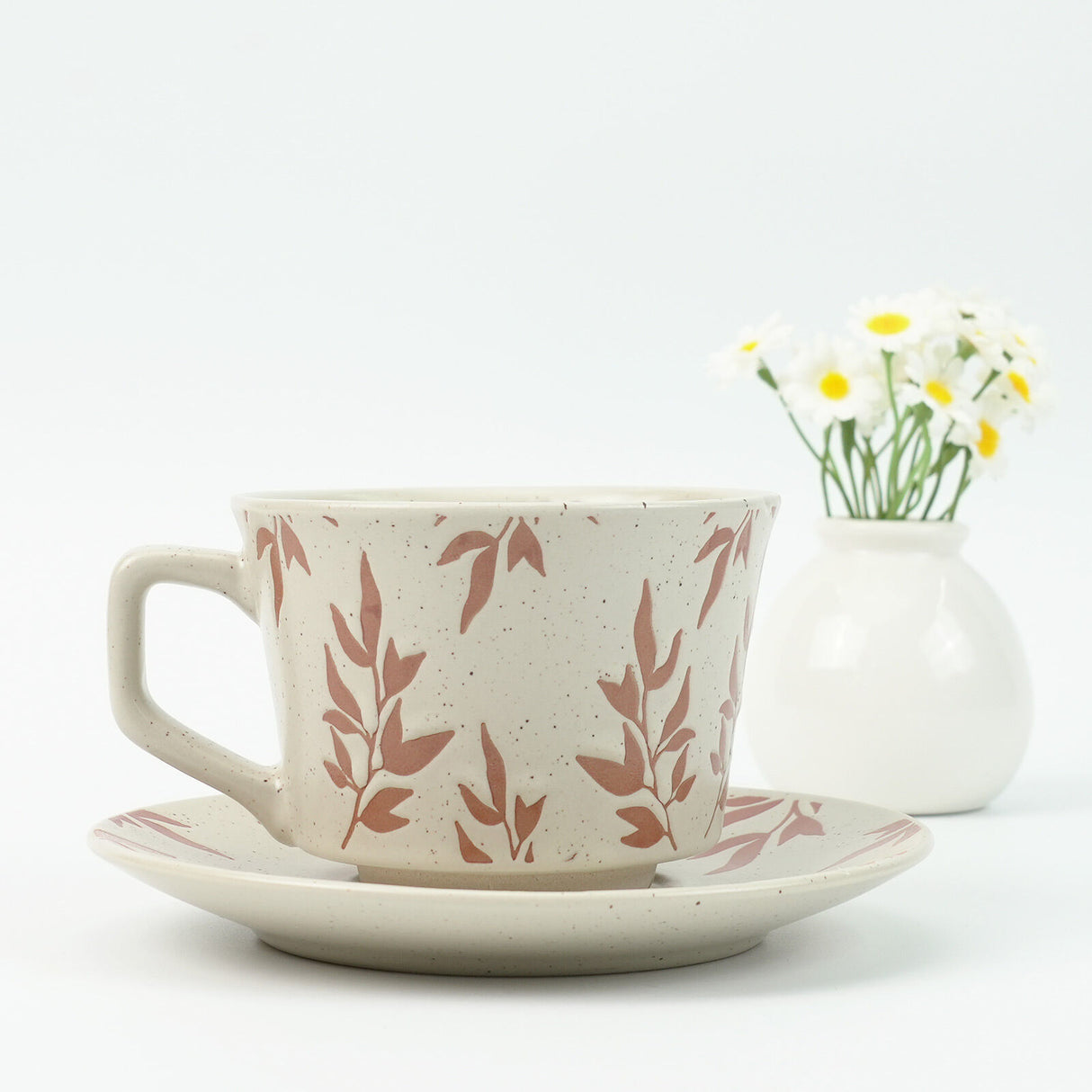 High-Fired Ceramic Stoneware Speckle Cup & Saucer Set 380ml Floral - EARTHY RED
