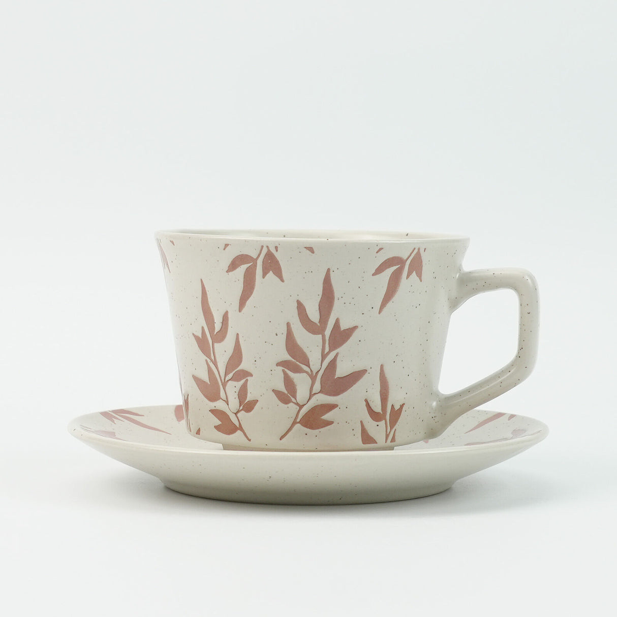 High-Fired Ceramic Stoneware Speckle Cup & Saucer Set 380ml Floral - EARTHY RED