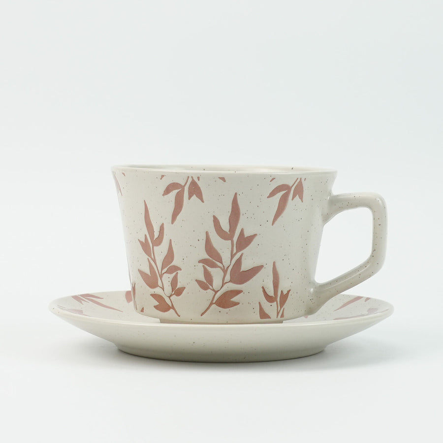 High-Fired Ceramic Stoneware Speckle Cup & Saucer Set 380ml Floral - EARTHY RED