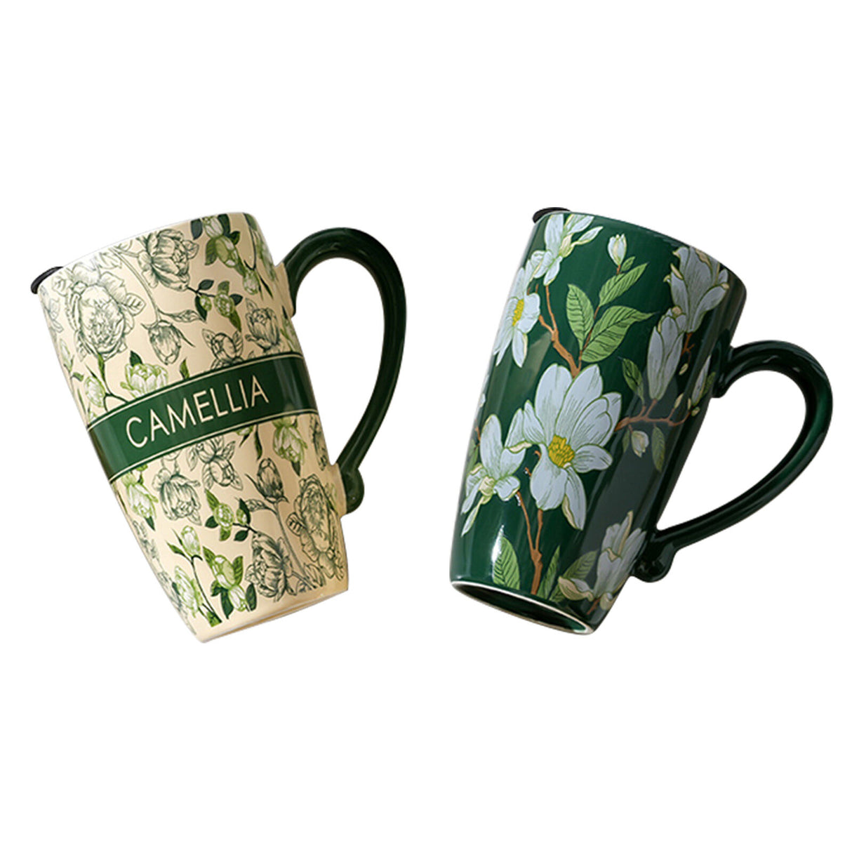 2X High-Fired Ceramic Travel Mug 600ml Vintage Floral - GREEN