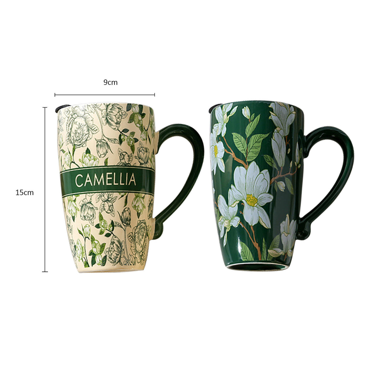 2X High-Fired Ceramic Travel Mug 600ml Vintage Floral - GREEN