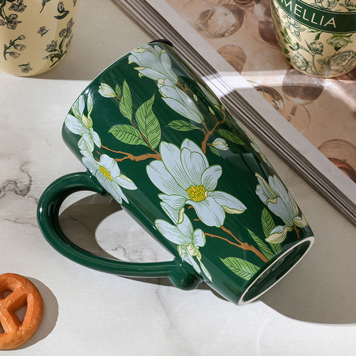 2X High-Fired Ceramic Travel Mug 600ml Vintage Floral - GREEN