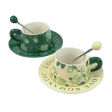 2X High-Fired Ceramic Cup & Saucer Set 300ml Vintage Floral - GREEN