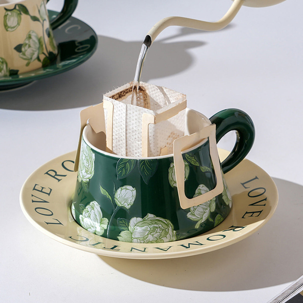 2X High-Fired Ceramic Cup & Saucer Set 300ml Vintage Floral - GREEN